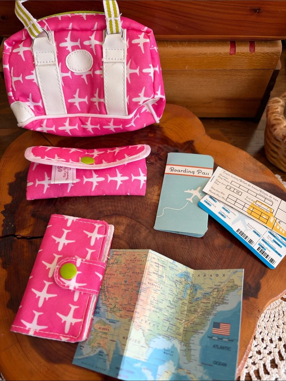 Kids Pink Airplane Print Travel Accessory Set with Play Purse